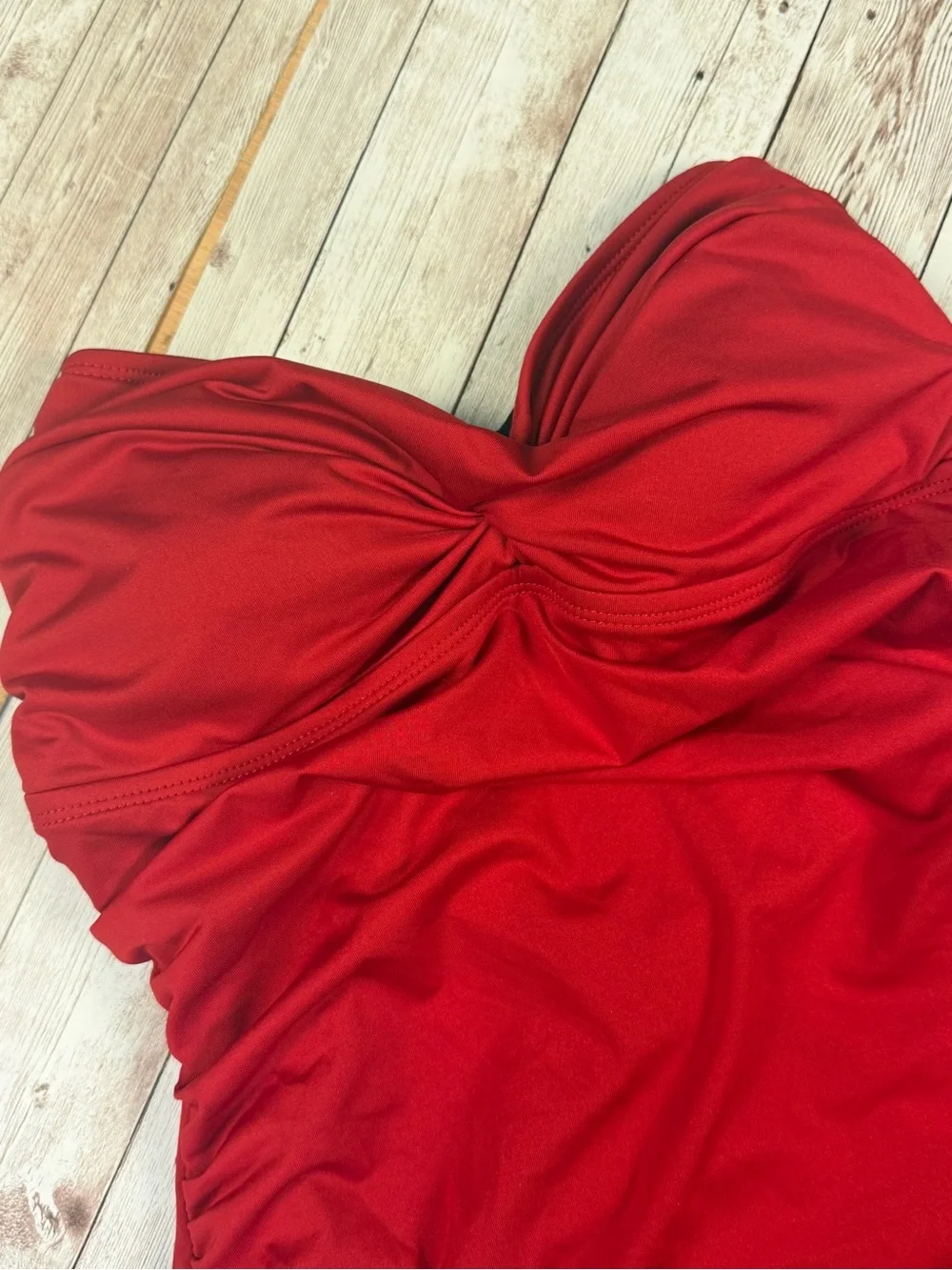 Red Ruched One-Piece Swimdress - Strapless Swimwear - Picture 3 of 7